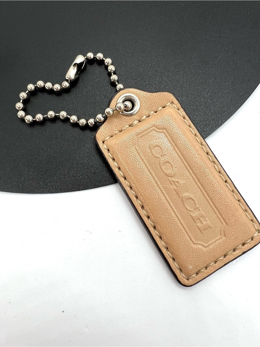 Coach Tan Leather Hang Tag Bag Charm Key Fob Ball Chain Good Condition